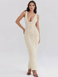 Yooulike 3D Floral Appliqué Deep V-Neck Slit Sleeveless Elegant Evening Party Wedding Gown Bodycon Maxi Dress