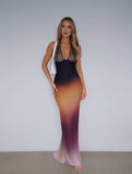 Yooulike Ombre Lace Chiffon Mermaid Halter Neck Deep V-Neck Backless Sleeveless Elegant Prom Party Slim Maxi Dress