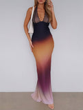 Yooulike Ombre Lace Chiffon Mermaid Halter Neck Deep V-Neck Backless Sleeveless Elegant Prom Party Slim Maxi Dress