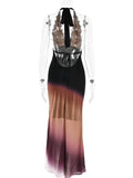 Yooulike Ombre Lace Chiffon Mermaid Halter Neck Deep V-Neck Backless Sleeveless Elegant Prom Party Slim Maxi Dress