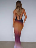 Yooulike Ombre Lace Chiffon Mermaid Halter Neck Deep V-Neck Backless Sleeveless Elegant Prom Party Slim Maxi Dress