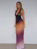 Yooulike Ombre Lace Chiffon Mermaid Halter Neck Deep V-Neck Backless Sleeveless Elegant Prom Party Slim Maxi Dress