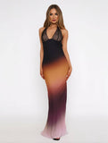 Yooulike Ombre Lace Chiffon Mermaid Halter Neck Deep V-Neck Backless Sleeveless Elegant Prom Party Slim Maxi Dress