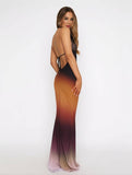 Yooulike Ombre Lace Chiffon Mermaid Halter Neck Deep V-Neck Backless Sleeveless Elegant Prom Party Slim Maxi Dress