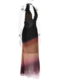 Yooulike Ombre Lace Chiffon Mermaid Halter Neck Deep V-Neck Backless Sleeveless Elegant Prom Party Slim Maxi Dress