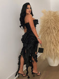 Yooulike Bandeau Ruffle Irregular Tassel Side Slit Backless Sleeveless Trendy Chic Prom Cocktail Party Bodycon Mini Dress