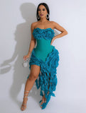 Yooulike Bandeau Ruffle Irregular Tassel Side Slit Backless Sleeveless Trendy Chic Prom Cocktail Party Bodycon Mini Dress