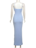 Yooulike Solid Color Cut Out Irregular Backless Spaghetti Straps Sleeveless Elegant Fashion Maxi Dress