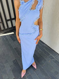 Yooulike Solid Color Cut Out Irregular Backless Spaghetti Straps Sleeveless Elegant Fashion Maxi Dress