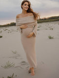 Yooulike Cotton Off Shoulder Long Sleeve Beach Boutique Party Baby Shower Boucle Long Dress Bodycon Maternity Dress