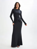 Yooulike Solid Color Ruffle Bodycon Ruched Round Neck Long Sleeve Trendy Elegant Prom Boutique Party Maxi Dress