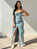 Yooulike Bandeau Denim Tie Dye Dress Single Breasted Pockets Front Slit Sleeveless Chic Cowbo Vintage Bodycon Maxi Dress