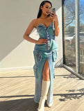 Yooulike Bandeau Denim Tie Dye Dress Single Breasted Pockets Front Slit Sleeveless Chic Cowbo Vintage Bodycon Maxi Dress