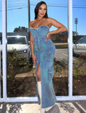 Yooulike Bandeau Denim Tie Dye Dress Single Breasted Pockets Front Slit Sleeveless Chic Cowbo Vintage Bodycon Maxi Dress