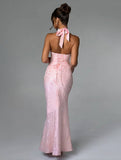 Yooulike Women Plunging Neckline Halter Neck Backless Sleeveless Elegant Fashion Wedding Ball Gown Bodycon Long Dress