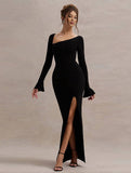 Yooulike Women Solid Color Side Slit Irregular Oblique Shoulder Long Sleeve Elegant Prom Bodycon Maxi Dress