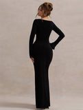 Yooulike Women Solid Color Side Slit Irregular Oblique Shoulder Long Sleeve Elegant Prom Bodycon Maxi Dress