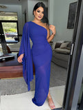 Yooulike Chiffon Oblique Shoulder Long Sleeve Elegant Evening Party Bodycon Long Ball Gown Dress