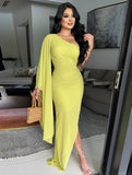 Yooulike Chiffon Oblique Shoulder Long Sleeve Elegant Evening Party Bodycon Long Ball Gown Dress