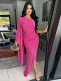 Yooulike Chiffon Oblique Shoulder Long Sleeve Elegant Evening Party Bodycon Long Ball Gown Dress