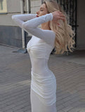 Yooulike Solid Color Ruffle Round Neck Long Sleeve Elegant Daily Prom Bodycon Maxi Dress