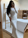 Yooulike Solid Color Ruffle Round Neck Long Sleeve Elegant Daily Prom Bodycon Maxi Dress