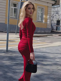 Yooulike Solid Color Ruffle Round Neck Long Sleeve Elegant Daily Prom Bodycon Maxi Dress