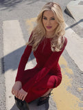 Yooulike Solid Color Ruffle Round Neck Long Sleeve Elegant Daily Prom Bodycon Maxi Dress