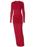 Yooulike Solid Color Ruffle Round Neck Long Sleeve Elegant Daily Prom Bodycon Maxi Dress