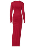 Yooulike Solid Color Ruffle Round Neck Long Sleeve Elegant Daily Prom Bodycon Maxi Dress