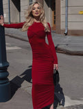 Yooulike Solid Color Ruffle Round Neck Long Sleeve Elegant Daily Prom Bodycon Maxi Dress