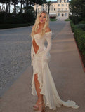 Yooulike Off Shoulder Lace Trimmed Hollow Out Slit Sleeve Mesh Dress Elegant Beach Bodycon Maxi Dress