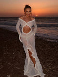 Yooulike Off Shoulder Lace Trimmed Hollow Out Slit Sleeve Mesh Dress Elegant Beach Bodycon Maxi Dress