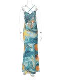 Yooulike Summer Sunset Slip Dress Floral Lace Up Cowl Neck Backless Vacation Tie Dye Print Bodycon Maxi Dress Party Outfits