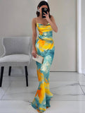 Yooulike Summer Sunset Slip Dress Floral Lace Up Cowl Neck Backless Vacation Tie Dye Print Bodycon Maxi Dress Party Outfits