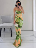 Yooulike Summer Sunset Slip Dress Floral Lace Up Cowl Neck Backless Vacation Tie Dye Print Bodycon Maxi Dress Party Outfits