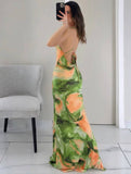 Yooulike Summer Sunset Slip Dress Floral Lace Up Cowl Neck Backless Vacation Tie Dye Print Bodycon Maxi Dress Party Outfits