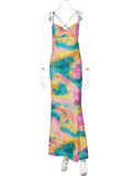 Yooulike Summer Sunset Slip Dress Floral Lace Up Cowl Neck Backless Vacation Tie Dye Print Bodycon Maxi Dress Party Outfits