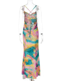 Yooulike Summer Sunset Slip Dress Floral Lace Up Cowl Neck Backless Vacation Tie Dye Print Bodycon Maxi Dress Party Outfits