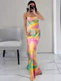 Yooulike Summer Sunset Slip Dress Floral Lace Up Cowl Neck Backless Vacation Tie Dye Print Bodycon Maxi Dress Party Outfits