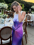 Yooulike Knot Printed Gradient Long Dress Round Neck Backless Sleeveless Chic Evening Party Wedding Maxi Dress