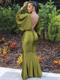 Yooulike Solid Color Ruched Bodycon Round Neck Backless Long Sleeve Dress Elegant Fashion Clubwear Evening Party Maxi Dress