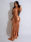 Yooulike Metallic Maxi Dress Side Slit Ruched Turtleneck Backless Sleeveless Women Elegant Evening Party Bodycon Maxi Dress