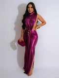 Yooulike Metallic Maxi Dress Side Slit Ruched Turtleneck Backless Sleeveless Women Elegant Evening Party Bodycon Maxi Dress