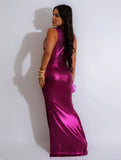 Yooulike Metallic Maxi Dress Side Slit Ruched Turtleneck Backless Sleeveless Women Elegant Evening Party Bodycon Maxi Dress