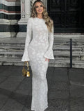 Yooulike Lace Round Neck Backless Bell Sleeve Long Sleeve Elegant Chic Evening Party Prom Maxi Dress