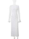 Yooulike Lace Round Neck Backless Bell Sleeve Long Sleeve Elegant Chic Evening Party Prom Maxi Dress