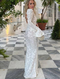 Yooulike Lace Round Neck Backless Bell Sleeve Long Sleeve Elegant Chic Evening Party Prom Maxi Dress