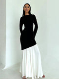 Yooulike Hit Color Draped Hem Bodycon Maxi Dress Round Neck Long Sleeve Elegant Boutique Long Dress