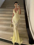 Yooulike Solid Color Sequin Slim Mermaid Trumpet V-Neck Backless Sleeveless Elegant Chic Prom Ball Gown Maxi Dress